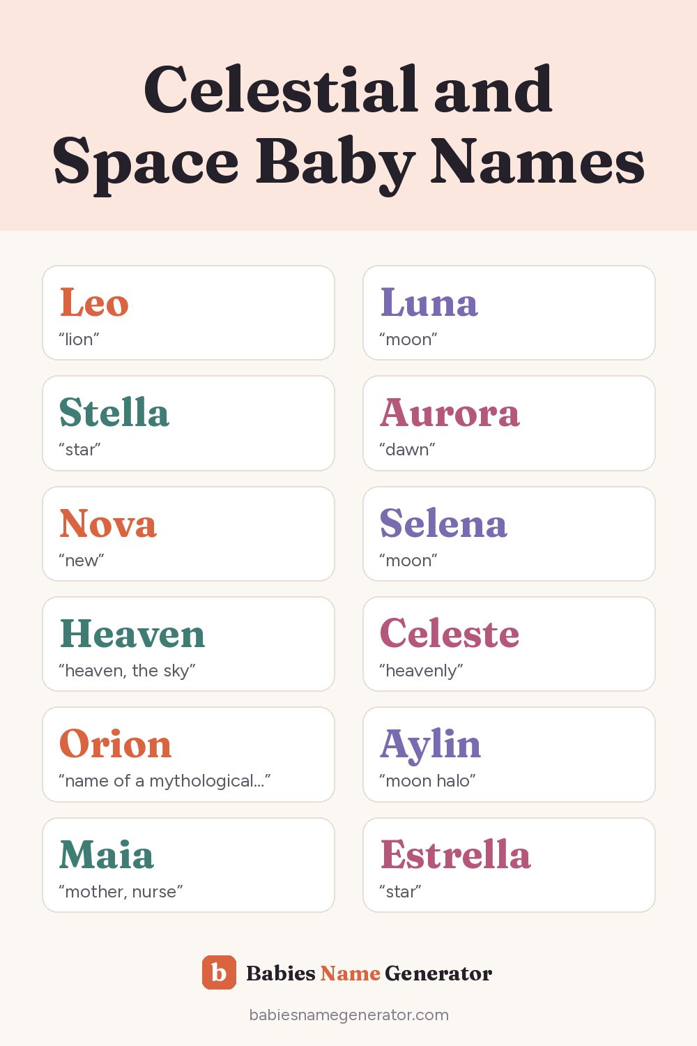 Celestial and Space Baby Names: pin image with example names
