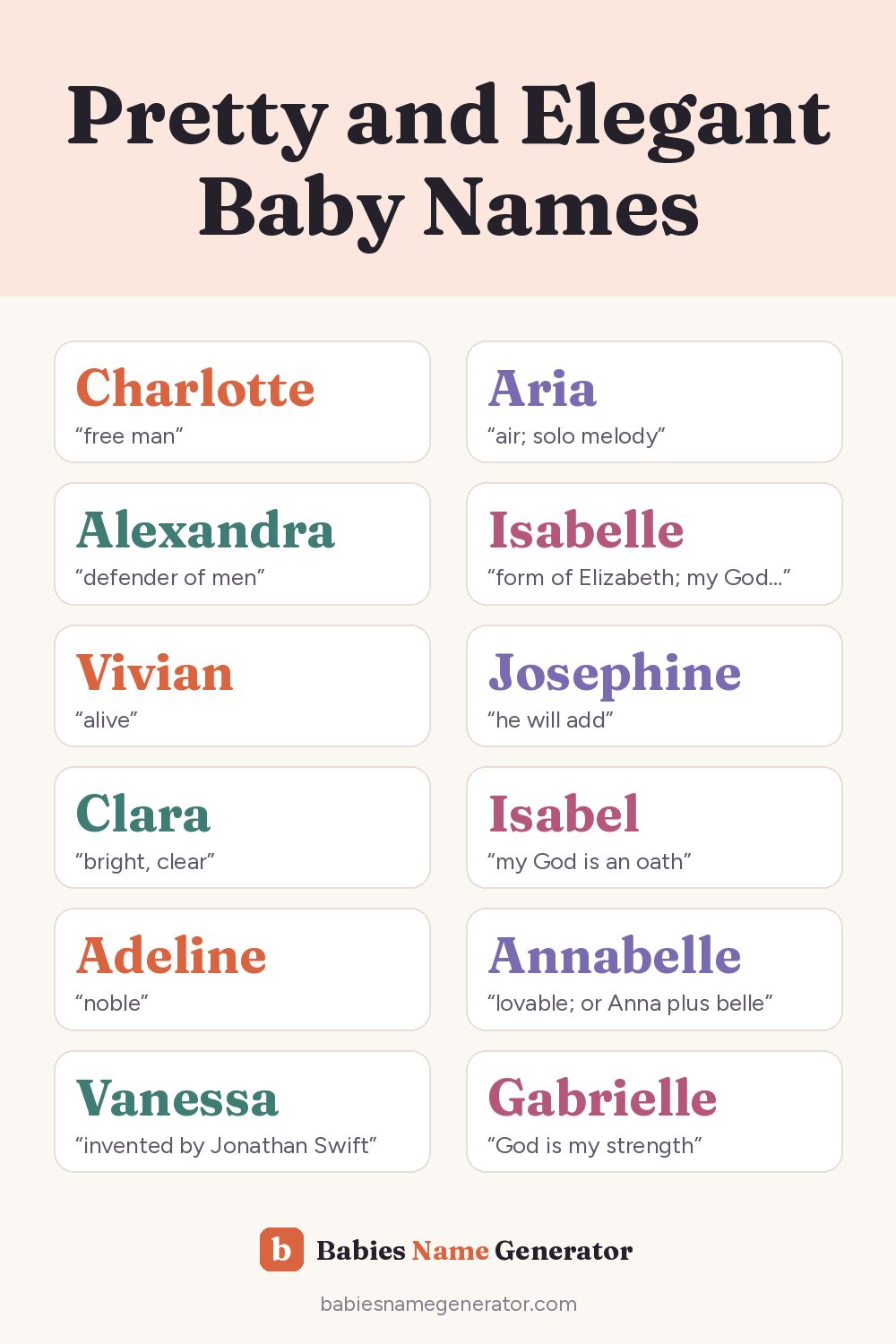 Pretty and Elegant Baby Names: pin image with example names