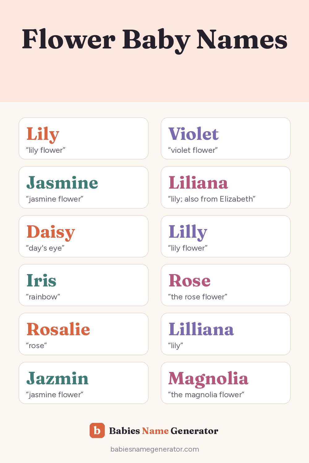 Flower Baby Names: pin image with example names