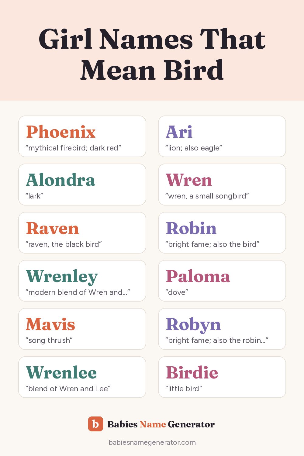 Girl Names That Mean Bird: pin image with example names