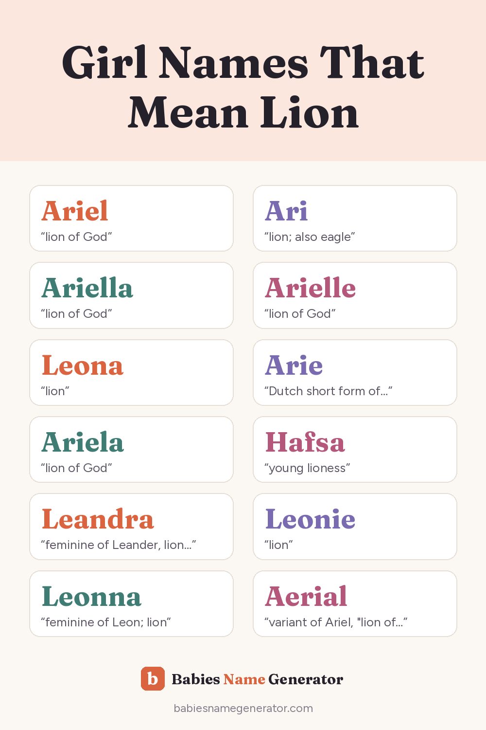 Girl Names That Mean Lion: pin image with example names
