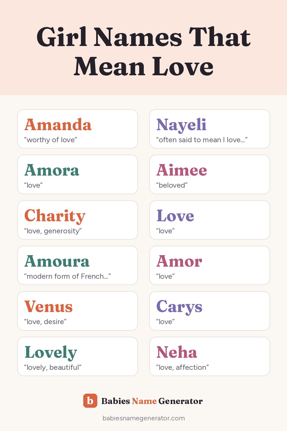Girl Names That Mean Love: pin image with example names