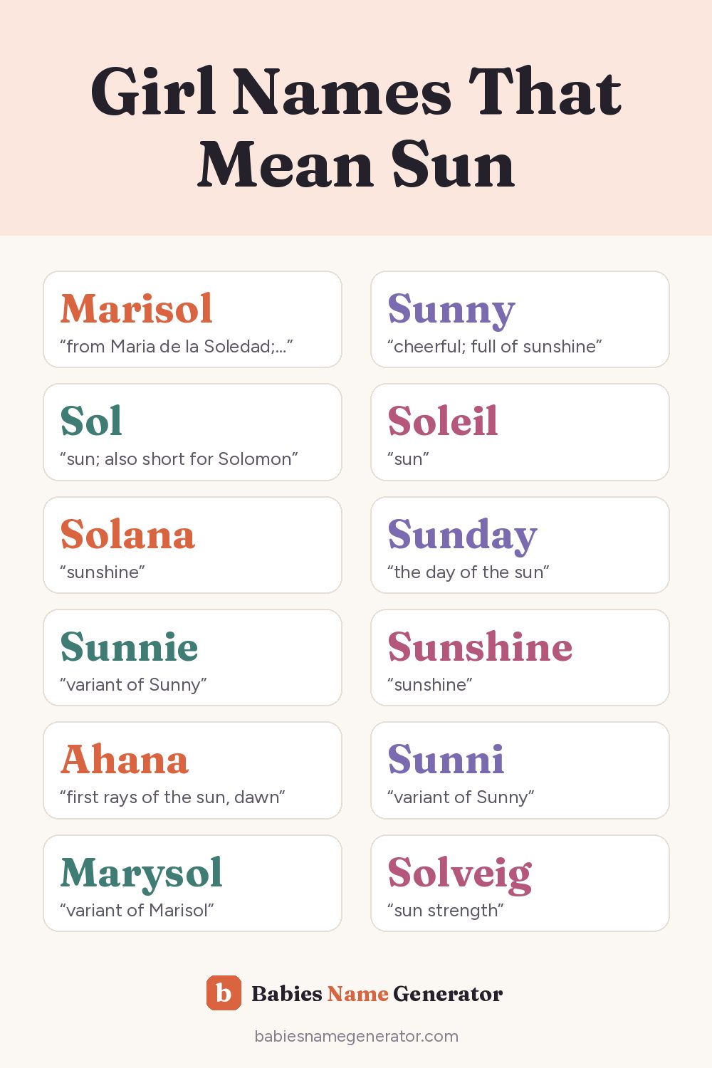 Girl Names That Mean Sun: pin image with example names