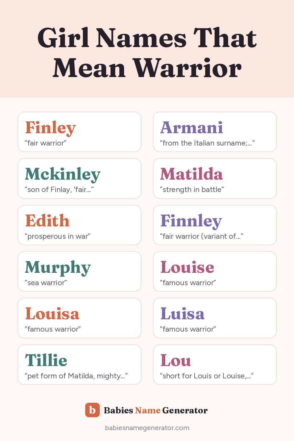 Girl Names That Mean Warrior: pin image with example names
