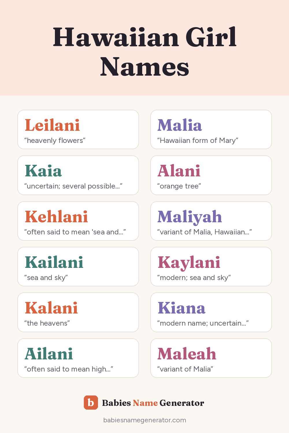 Hawaiian Girl Names: pin image with example names