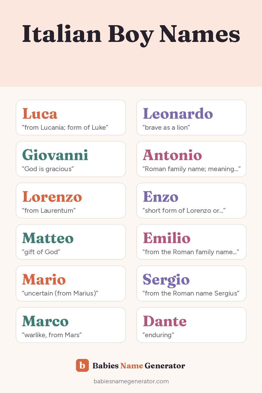 Italian Boy Names: pin image with example names