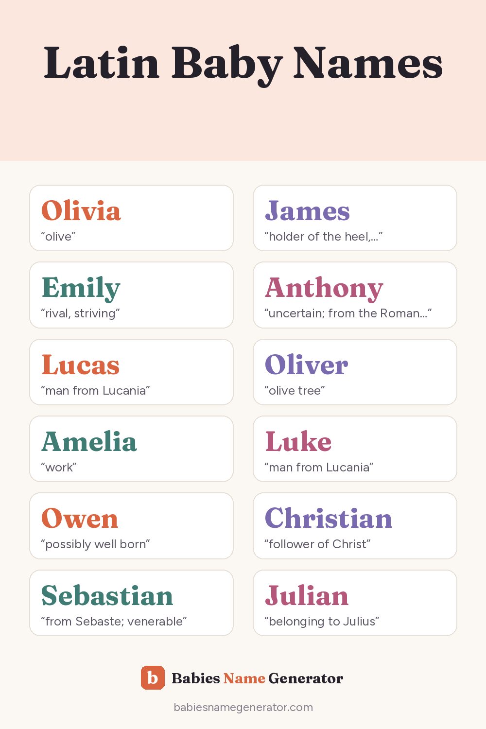 Latin Baby Names: pin image with example names