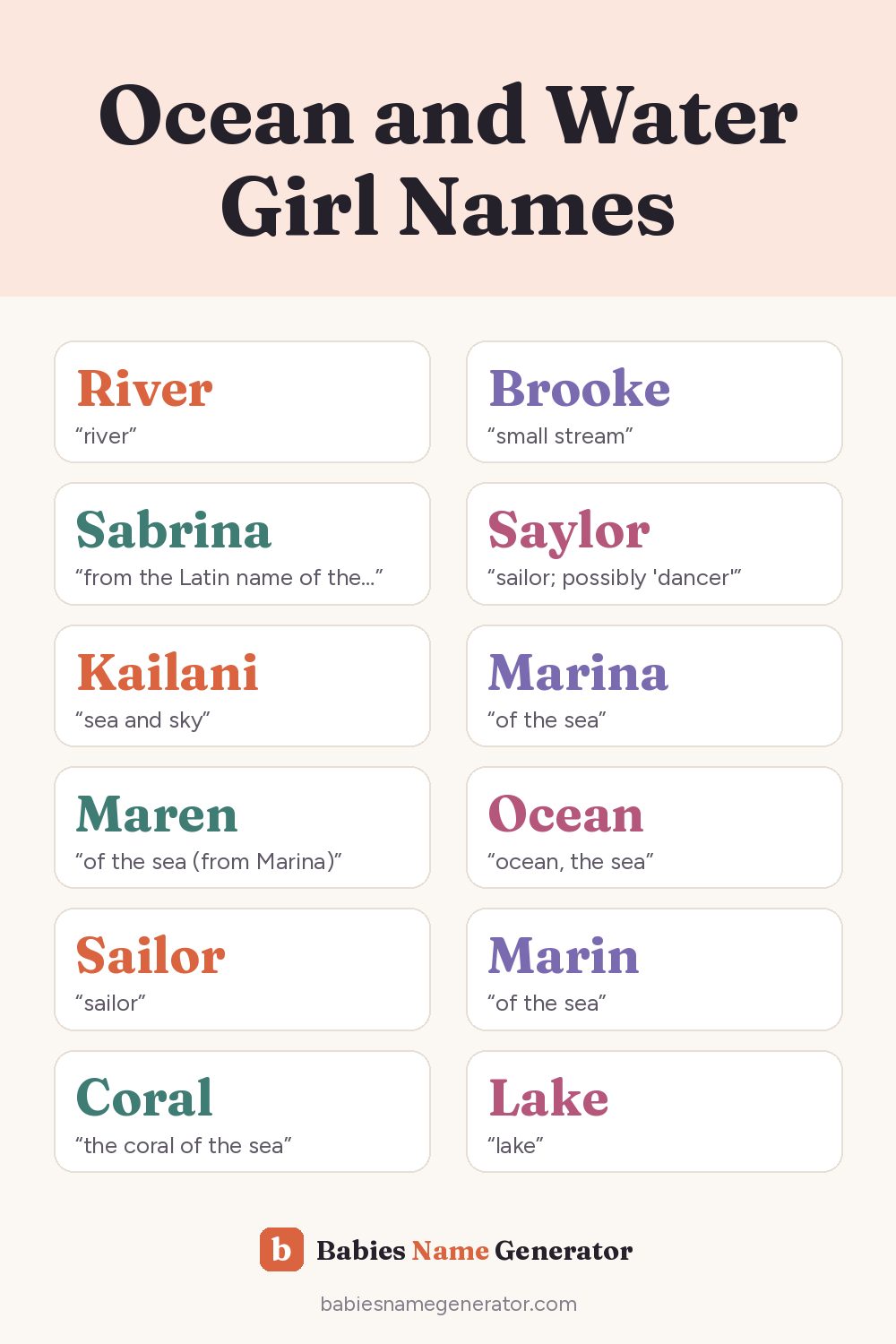 Ocean and Water Girl Names: pin image with example names