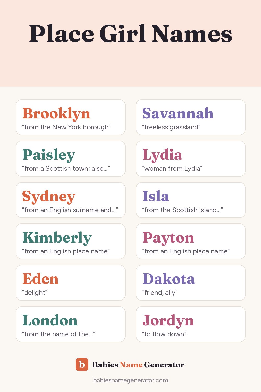 Place Girl Names: pin image with example names