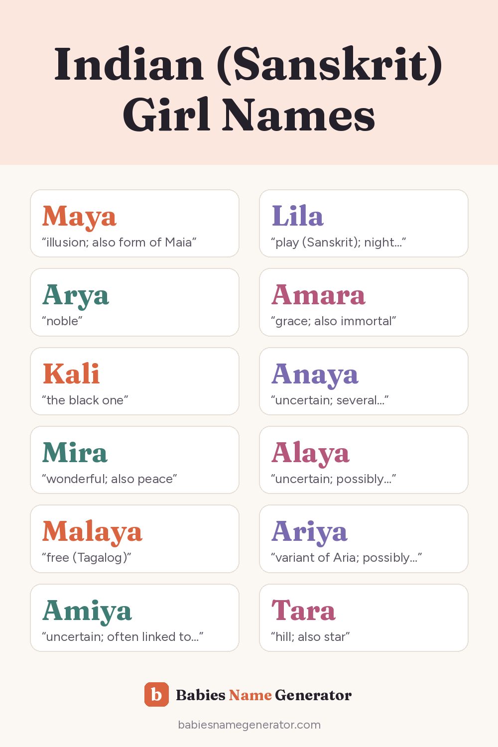 Indian (Sanskrit) Girl Names: pin image with example names