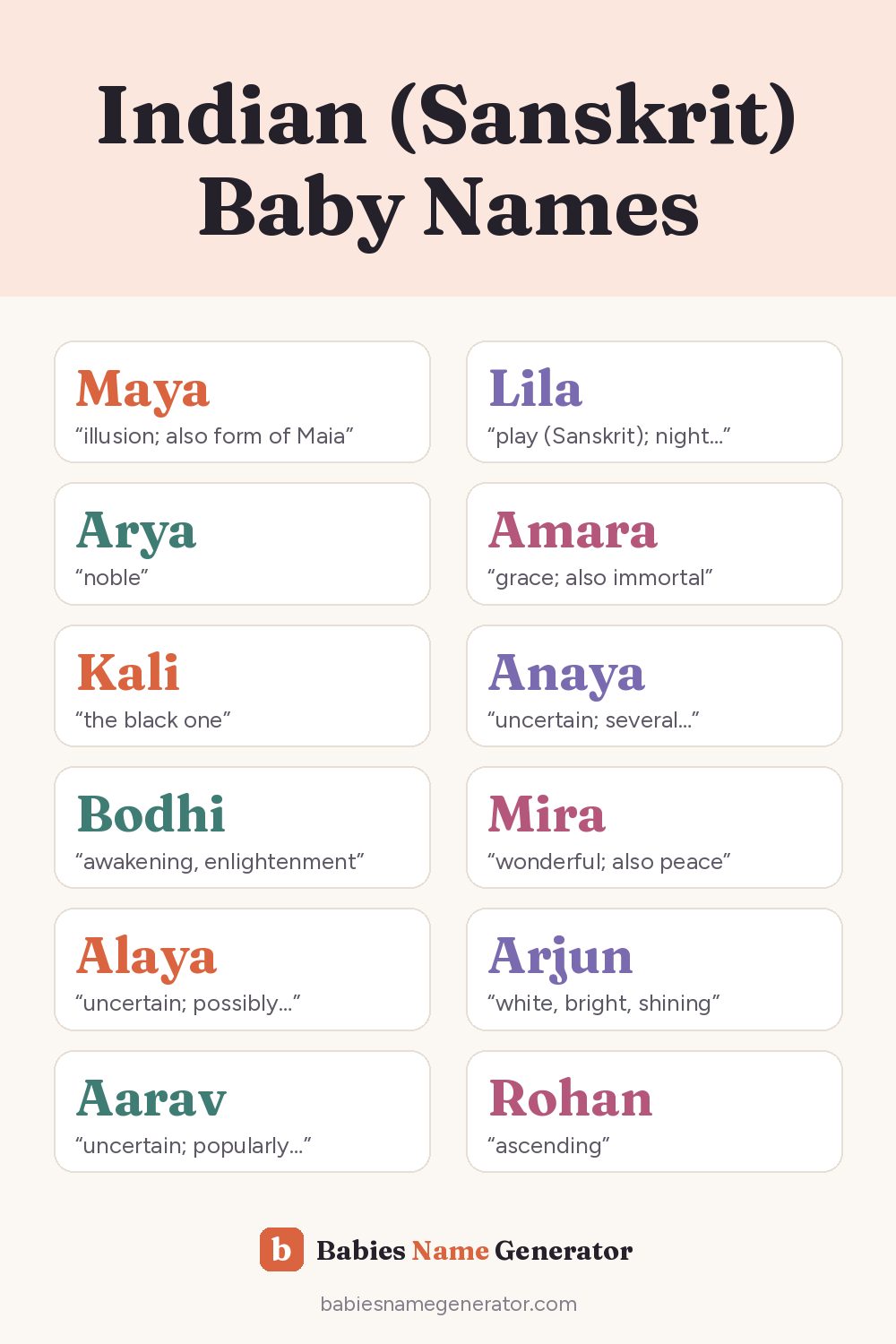 Indian (Sanskrit) Baby Names: pin image with example names